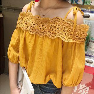 Lace Open Shoulder Elbow-sleeve Chiffon Top