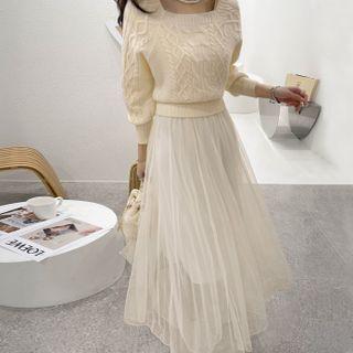 Set: Square-neck Sweater + Mesh-panel Tank Dress
