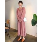 Open-placket Puff-sleeve Maxi Shirtdress With Sash