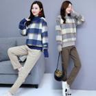 Set: Mock-neck Plaid Sweater + Cropped Straight-cut Pants