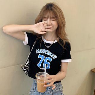 Short Sleeve Round Neck Two Tone Letter Crop Top