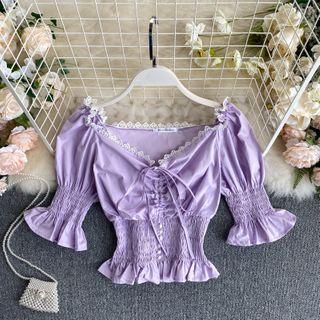 Short-sleeve Smocked Blouse Purple - One Size