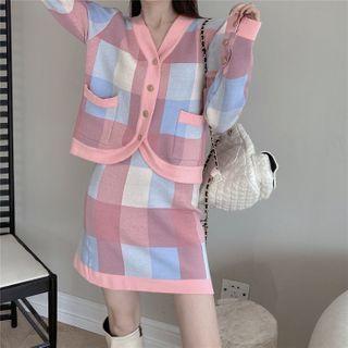 Set: Plaid Cardigan + Mini A-line Skirt Pink - One Size