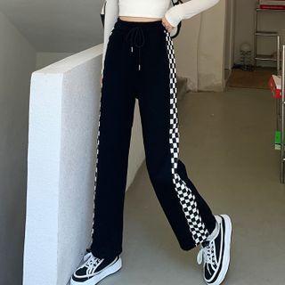 Checkered Panel Cropped Wide Leg Pants