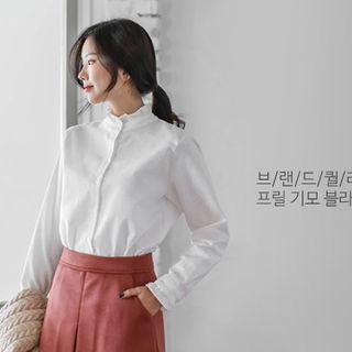 Mandarin-collar Frill-detail Flannel Blouse