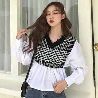 Long-sleeve Check Knit Panel Top As Shown In Figure - One Size