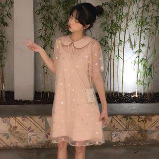 Set Of 2: Peter Pan Collar Dot Dress + Plain Spaghetti-strap Dress Pink - One Size