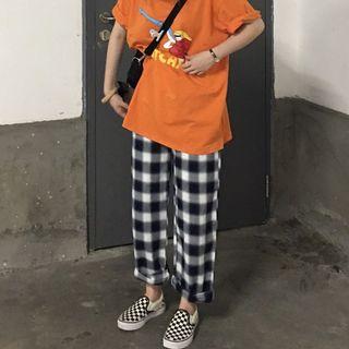 Printed Short-sleeve T-shirt / Check Straight-cut Pants
