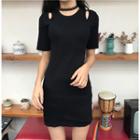 Short-sleeve Cut-out Sheath Knit Dress Black - One Size