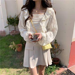 Square-neck Ruffle Trim Blouse / Pleated Mini A-line Skirt