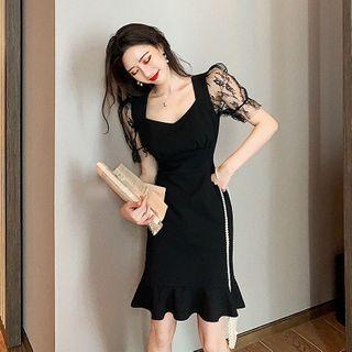 Lace Panel Short-sleeve Ruffle Hem Mini Sheath Dress