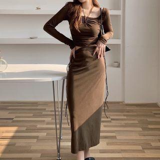 Long-sleeve Halter-neck Cropped T-shirt / Midi Pencil Skirt