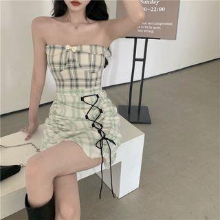 Strapless Plaid Lace-up A-line Dress