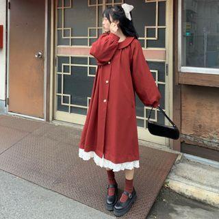 Lantern-sleeve Collared Lace Trim Loose Fit Dress Red - One Size