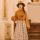 Balloon-sleeve Deer Embroidered Midi A-line Dress