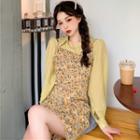 Puff-sleeve Plain Shirt / Floral Sleeveless Mini Dress
