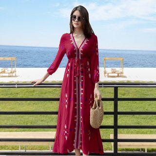 Embroidered 3/4-sleeve Maxi A-line Dress