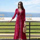 Embroidered 3/4-sleeve Maxi A-line Dress