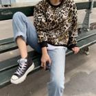 Ringer Leopard Sweatshirt Beige - One Size