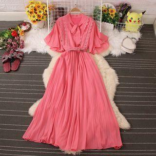 Bell-sleeve Ribbon Accordion Pleat Maxi A-line Dress