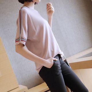 Round-neck Stripe Elbow-sleeve Knit Top