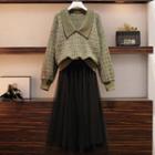 Polo-neck Patterned Sweater / A-line Skirt / Set