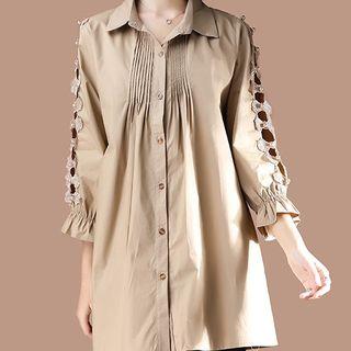 3/4-sleeve Embroidered Perforated Long Shirt