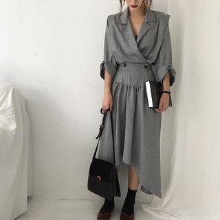 3/4-sleeve Plaid Asymmetric A-line Dress As Shown In Figure - One Size