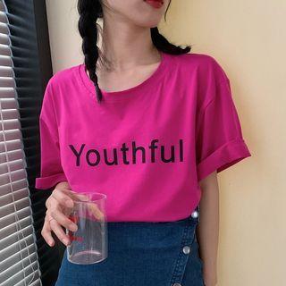 Lettering Short-sleeve T-shirt Fuchsia - One Size