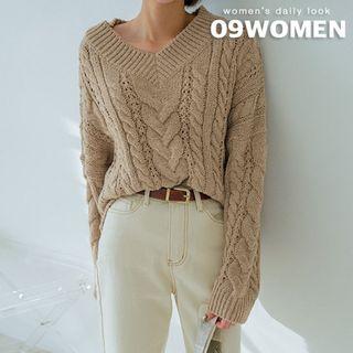 Plus Size V-neck Cable Sweater