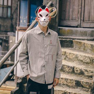 Chinese Character Embroidered Plaid Shirt