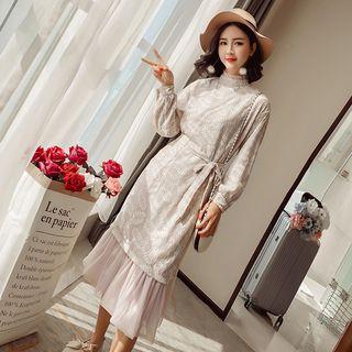 Long-sleeve Chiffon Panel Midi Dress