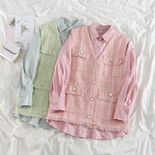Long-sleeve Shirt / Frayed Button Vest