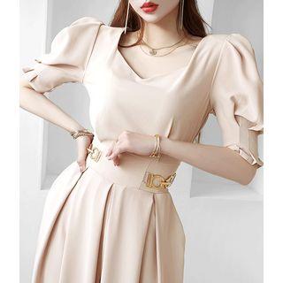Puff-sleeve Buckled-waist Jumpsuit