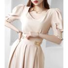 Puff-sleeve Buckled-waist Jumpsuit