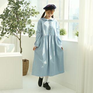 Frilled Denim Long Shirtwaist Dress