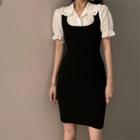Puff Short-sleeve Square-neck Mock Two-piece Dress
