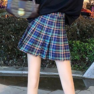 Plaid Pleated Mini A-line Skirt Plaid - Black & Khaki - One Size