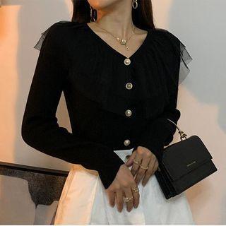 Mesh Ruffled Ribbed Cardigan