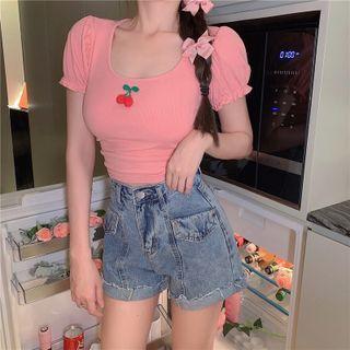 Short-sleeve Embellished T-shirt / Denim Shorts