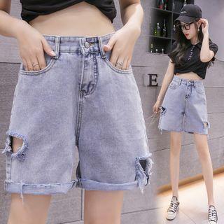Denim Distressed Wide-leg Shorts