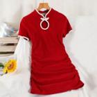 Short-sleeve Ruched Mini Qipao Dress