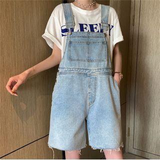 Washed Wide-leg Denim Jumper Shorts