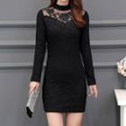 Mock Turtleneck Long-sleeve Mini Lace Sheath Dress