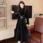 Long-sleeve Velvet Midi Pleated Dress