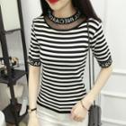 Letter Mesh Panel Elbow-sleeve Knit Top