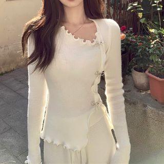 Knitted Plain Asymmetric Ruffled Top