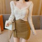 Sweetheart-neckline Cropped Knit Top / Asymmetric Mini Pencil Skirt