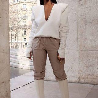 Long Sleeve Deep V-neck Padded-shoulder Sweatshirt