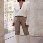Long Sleeve Deep V-neck Padded-shoulder Sweatshirt